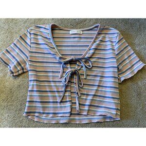 Romwe Cropped Ribbed Top Womens Size Xs Scoop Neck Tie Details Short Sleeve